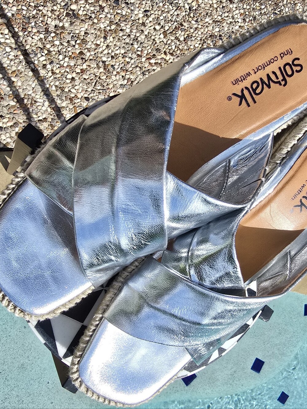 SoftWalk Silver Metallic Wedge Espadrille Sandals